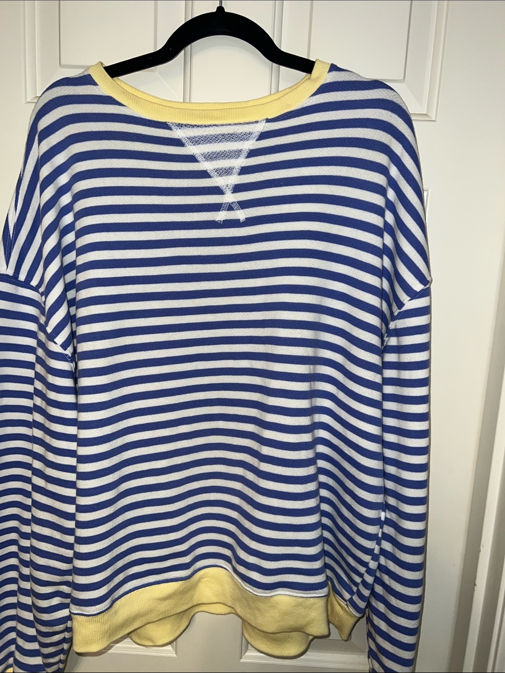 We The Free Blue & White Striped Crewneck Sweater with Yellow Trim
